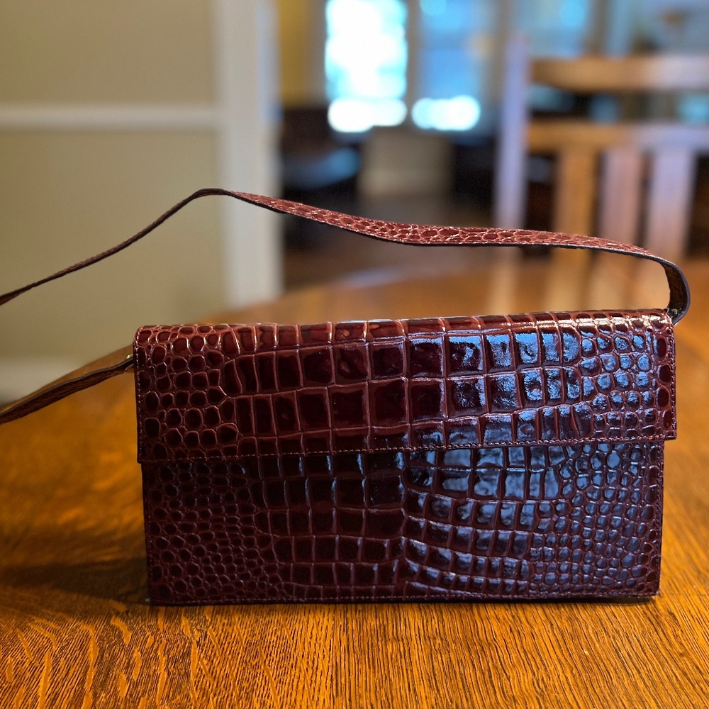 Lalo Burgundy Maroon Alligator Print Evening Bag Clutch